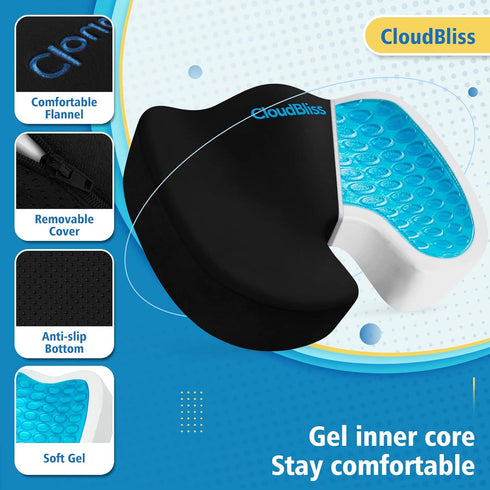 CloudBliss Gel Seat Cushion - Cooling Gel Enhanced, Memory Foam, Ergonomic Seat Cushion for Long Sitting for Office