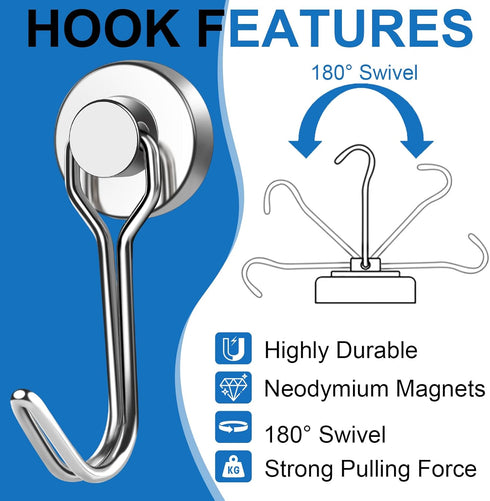 E BAVITE 30LBS Swivel Swing Silver Magnetic Hooks, Pack of 50, Powerful Neodymium Rare Earth Hooks for Kitchen