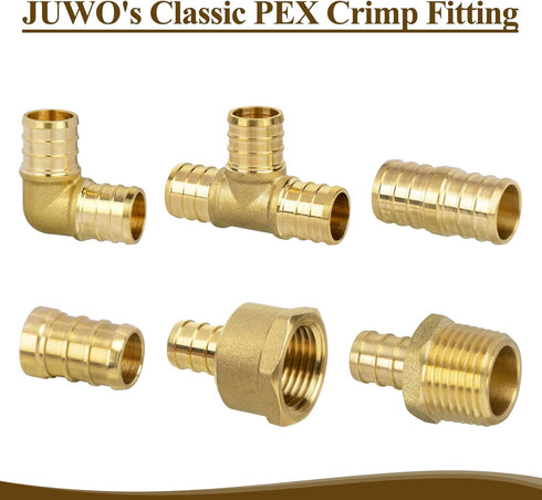 JUWO 1/2" Pex Fitting, 25 Pack 90 Degree Elbow for Plumbing Repairs, Durable Brass Crimp Fitting