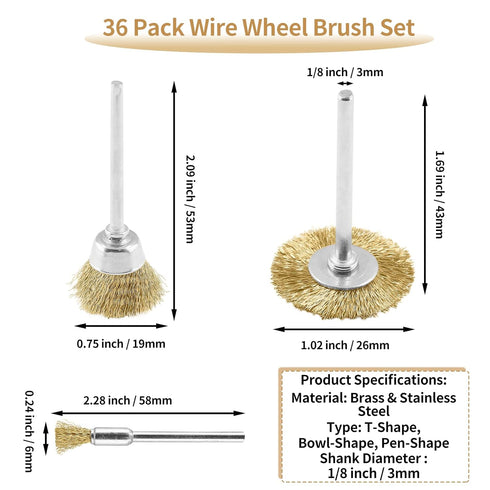 36 Pack Wire Wheel Brush Set, 1/8 Inch Shank Brass and Stainless Steel Rotary Buffing Brush Kit