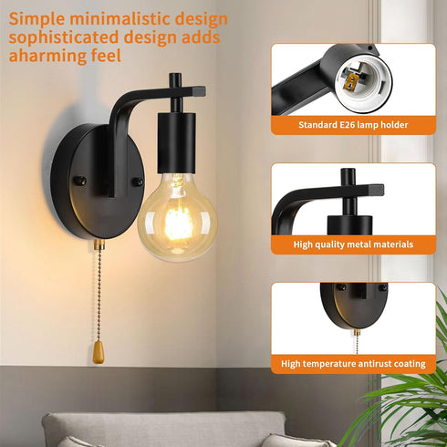 Glighone Set E26 Vintage Pull Chain Wall Lights of Two with Switch Wall Lamp,Black Wall Light Industrial Wall Lighting