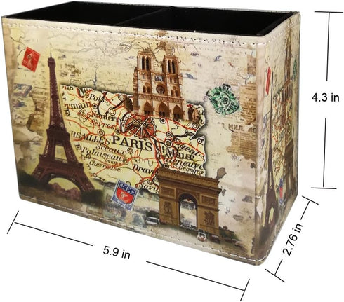 DreamsEden Vintage Pen Pencil Holder Cup Retro Pattern Desk Organizer for Home Office (Beige Paris Eiffel Tower Square)
