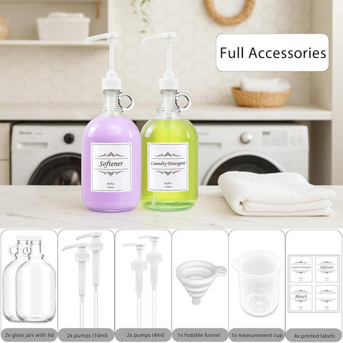 2 Pack 64 Oz Laundry Detergent Dispenser with Pump and Lid, Glass Bottles for Laundry Room Organization and Storage