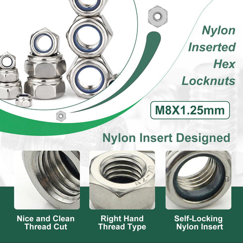 Einundcy M8 1.25 M8x1.25mm 304 13mm M8-1.25 20 Locknuts Metric Nylon Inserted Hex Lock Nuts Self-Lock Nylon Insert