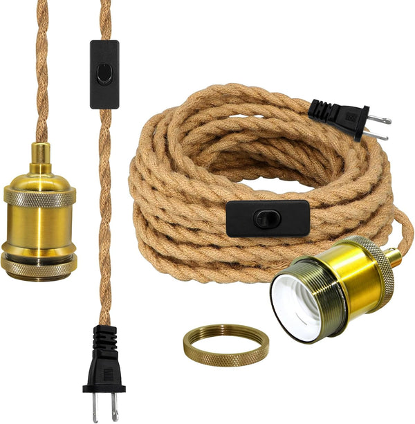 Puanticn Retro Pendant Light Cord, 16.7Ft Farmhouse Hemp Rope Pendant Light Fixture, Vintage