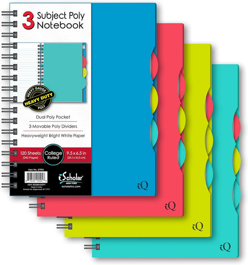 iScholar iQ 3 Subject Poly Cover Double Wire Notebook, College Rule, 9.5 x 6.5 Inches, 120 Sheets, Color May Vary (57904) by iScholar