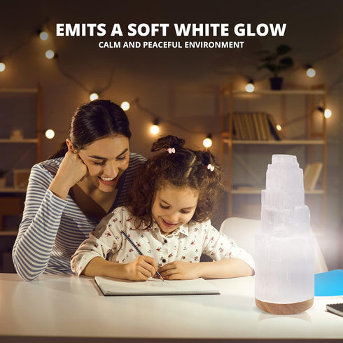 20 cm Selenite Crystal Lamp, Tall, High Energy Skyscraper Lamp with Wooden Base & USB Charging Cable, ETL Certified