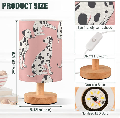 Bseiialft Animals Dalmatians Dogs Pink Bedside Table Lamp Nightstand Lamp with Wood Base Night Light Linen Fabric Shade