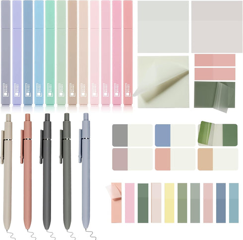 Book Annotation Kit, 12 Pastel No Bleed Highlighters & 5 Color Pens with 620 Sheets Transparent Sticky Notes