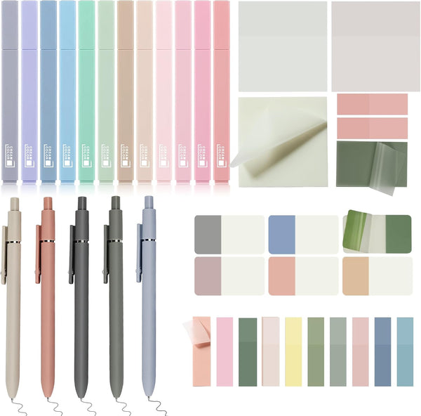 Book Annotation Kit, 12 Pastel No Bleed Highlighters & 5 Color Pens with 620 Sheets Transparent Sticky Notes