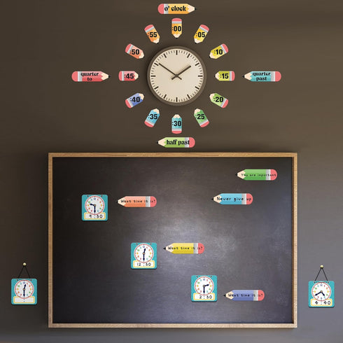 Yeaqee 31 Pcs Telling Time Bulletin Board, Analog Clock Practice with Dry Erase Pens for Home, Classroom