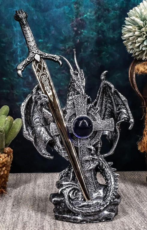 Ebros Gift Legendary Silver Dragon Guardian of The Celtic High Cross Letter Opener Figurine Sculpture