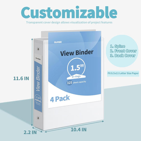 SUNEE 3 Ring Binder 1.5 Inch 4 Pack, Clear View Binder Three Ring PVC-Free for School or Office Supplies, White