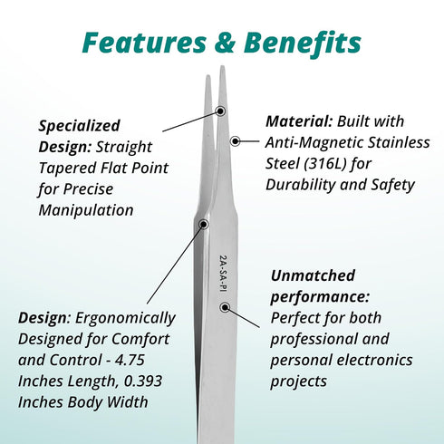 Excelta 2A-SA-PI Straight Tapered Flat Point Tweezers - 4.75 Inch, Anti-Magnetic Stainless Steel