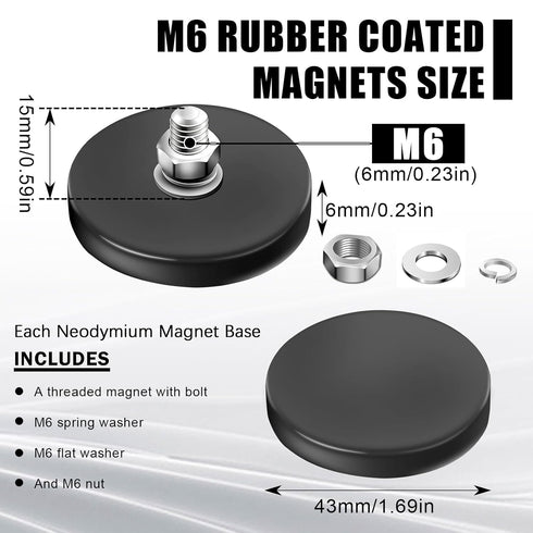 12Pack M6 AHIER Rubber Coated Magnets, Neodymium Magnet Base with Threaded Studs, Non-Slip Strong Mounting Stud Magnet