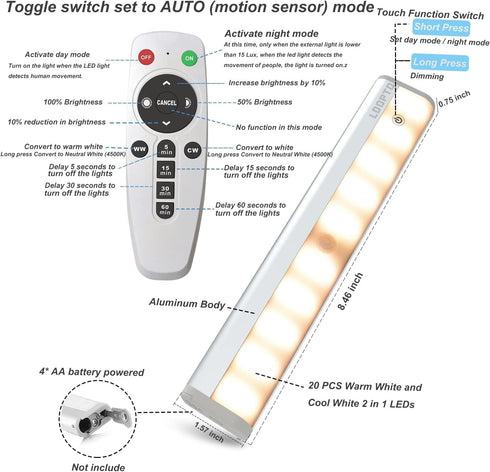 4 Pack, Dimmable Closet 3 LDOPTO Motion Sensor Under Cabinet Lights with Remote Battery Operated Lighting, LED Night