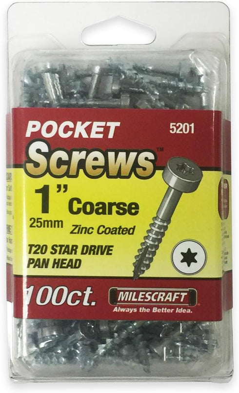 Milescraft 5201 Wood Pocket Hole Screws, #7 x 1" Pan Head with Coarse Thread (100pc.), Torx Drive Self-Tapping