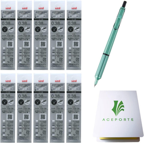 Uni Jetstream EDGE 0.38mm Oil-based Ballpoint Pen Mint Green Body + 10 Black Refills, Sticky Notes Value Set