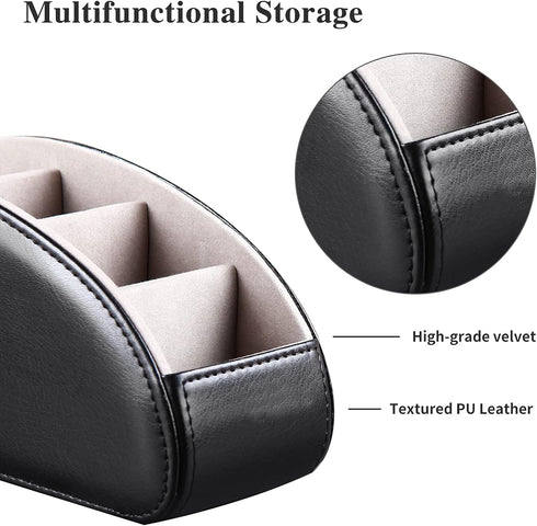5 All-in-One Leather TV Remote Control Holder Black with Compartments Nightstand Desktop DVD Media Player Remote Caddy