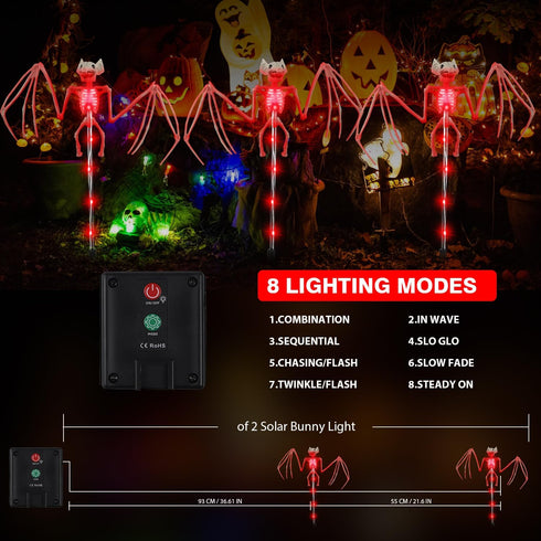 BeHiller 2PCS Set Decorations,3D of Solar Garden Lights Outdoor for Halloween RED Scary Bat Realistic Skeleton Decor