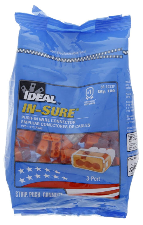 IDEAL Electrical 30-1033P Orange in-Sure Push-in 3-Port Connectors, 100-Pack