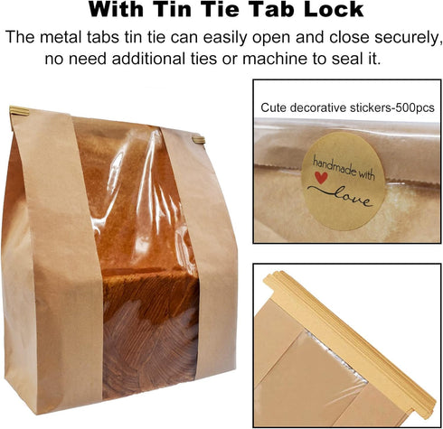 NOONEAST 200 Pack 14" 8.3" 3.5" Packaging Large Paper Bread Bags for Homemade Bread Sourdough Bags x x with Tin Tie Tab