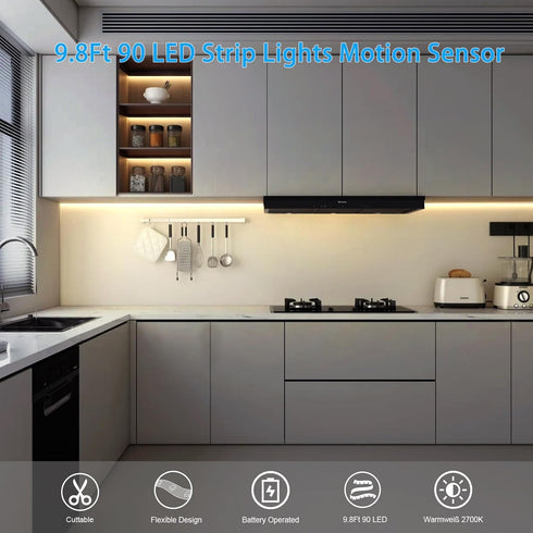 9.8Ft 90 echosari Battery Operated Motion Sensor Cabinet Strip Lights, LED Under Cabinet Lights, Motion & Night Sensor