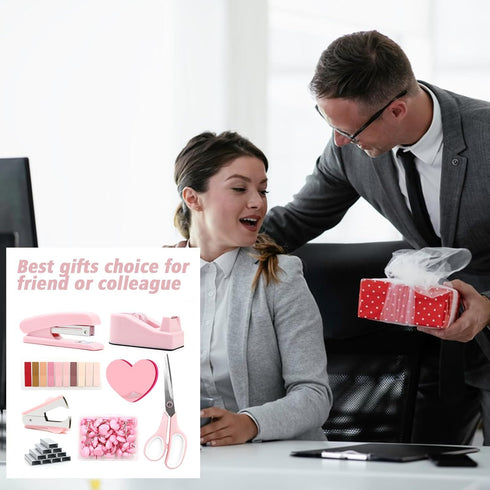 Pink Desk Accessories, Stapler and Tape Dispenser Set, Pink Office Supplies Kit for Students, Women, Coworkers