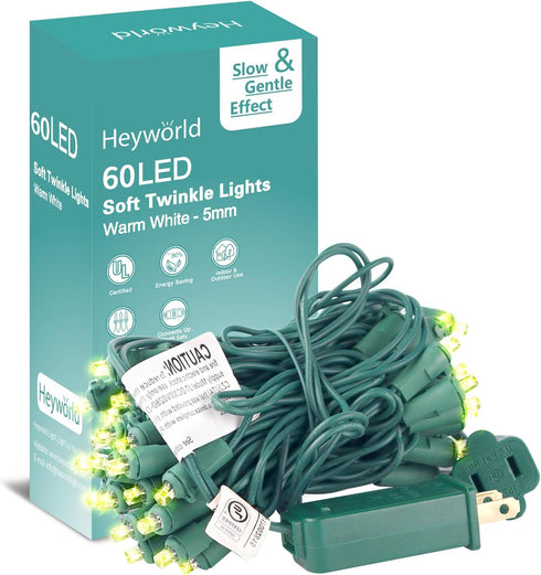 Heyworld Slow Twinkle Christmas Lights, 60 LED 17ft UL Certified Soft String Lights,