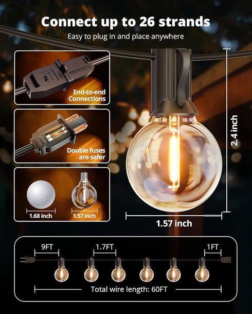 60FT 32 G40 Bulbs 2700K Dimmable VIPAR Outdoor String Lights, Patio Lights Outdoor Waterproof, Shatterproof Vintage