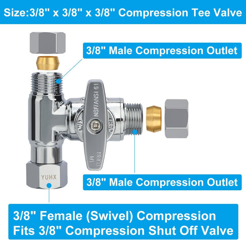 Brass Angle Stop Add-A-Tee Valve, 3/8 x 3/8" x 3/8" Compression Water Splitter