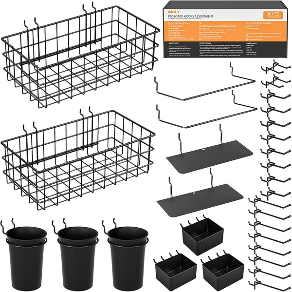 INCLY 30PCS Peg Board Organizer Accessories Kit, Assortment with Bins, Cups, Wire Baskets for 1/8“ and 1/4” Pegboard