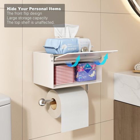 Voldra Toilet Paper Holder with Shelf, Flushable Wipes Dispenser for Bathroom, Adhesive Toilet Paper Roll Holder