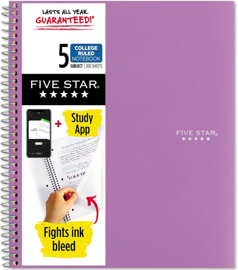 Five Star 5 Subject Spiral Notebook, College Ruled Paper, 200 Sheets, Water Resistant Cover, Purple (38748)