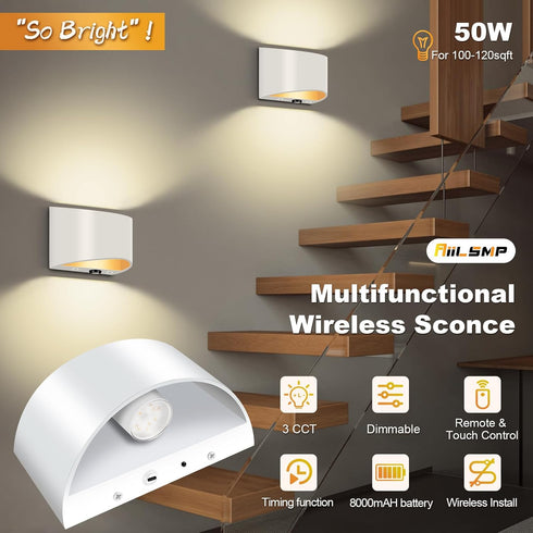 Set 2 Battery Operated Wall Sconces of Wireless Indoor Wall Lights Up and Down Wall Mount Light for Living Room Bedroom