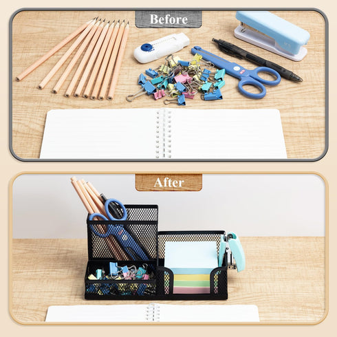 M&G Mesh Pen Holder Desk Organizer, Black, 3 Compartments, Metal Office Supply with Sticky Notes Holder