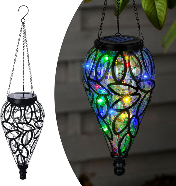 LEWIS&WAYNE Solar Hanging Lantern Outdoor Lights, Tear-Shaped 15 LEDs Multi-Color Hanging Lights with