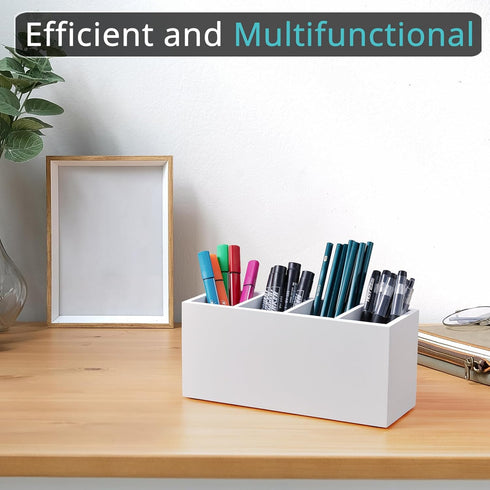 Pencil Pen Holder for Desk, Wooden Office Desk Organizers and Accessories with 4 Slots for Countertop, Makeup Brush Holder Organizer for Bathroom Vanity, Silverware Caddy for Party, White by Bivvclaz
