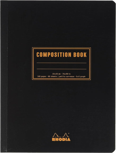 Rhodia 119229C Flexible Notebook, B5 Cloth Back Composition Book, Black, Small Squares, 160 Pages, White Clairefontaine