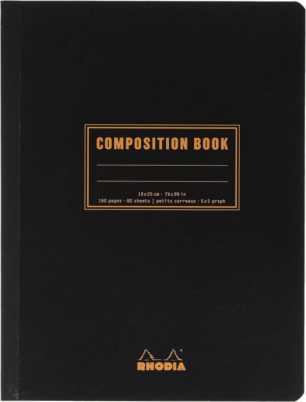Rhodia 119229C Flexible Notebook, B5 Cloth Back Composition Book, Black, Small Squares, 160 Pages, White Clairefontaine