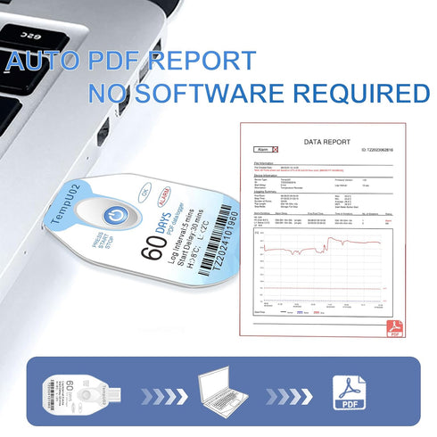 1 Pack, 60 IP67 TempU02 Tzone Temperature Data Logger USB with PDF Report Single Use Thermometer Logger Disposable Temp