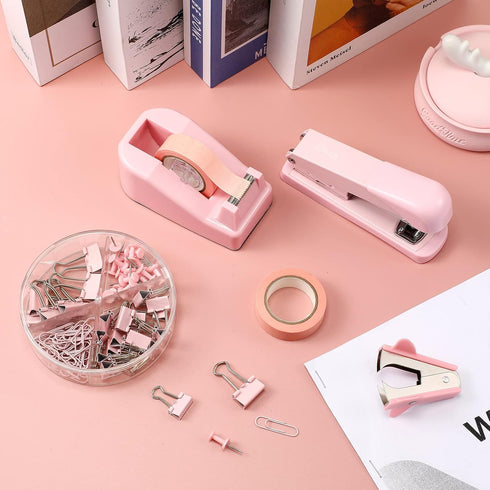 Office Supplies Set Desk Accessory Kit, Includes Stapler, Tape Dispenser, Clips, for Women Christmas Gift (Pink)