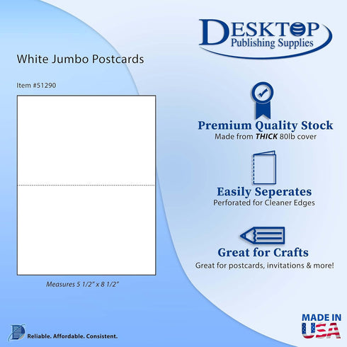 8.5" 11" 2 5.5" 8.5" 250 500 x Blank White Perforated Cardstock Paper - Per Sheet Breaks to x - Inkjet/Laser Printable