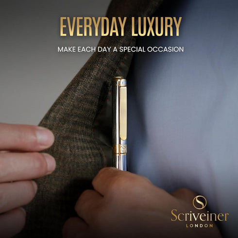 Scriveiner Silver Chrome Ballpoint Pen - Stunning Luxury Pen with 24K Gold Finish, Schmidt Black Refill, Best Gift Set