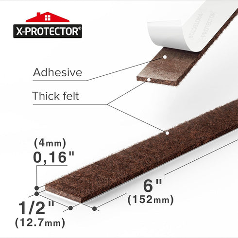 X-Protector Felt Furniture Pads 20 PCS 6 x 1/2" Premium Felt Strips with Adhesive Backing (Brown)