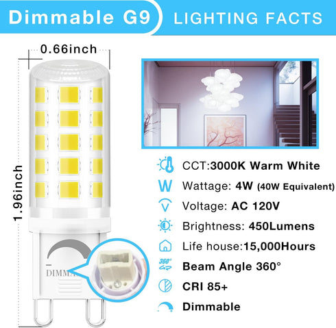 12 Pack Dimmable G9 Bulb 4W (40 6000K G9 Bulb T4 G9 Bulbs Chandelier,120V 450LM 360 G9 Bulb DAYBEETER LED Watt