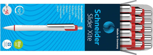 Schneider Slider Xite XB Ballpoint Pen, Refillable, 1.4 mm, White Barrel with Blue Accents, Red Ink, Box of 10