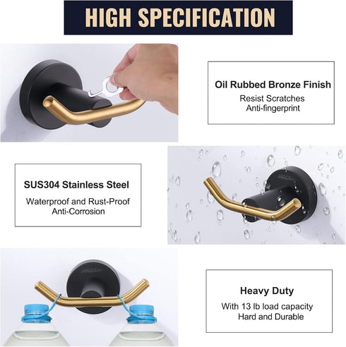 ARCORA Black and Gold Towel Hooks, SUS 304 Stainless Steel Double Wall Hooks for Bathroom, Heavy Duty Robe Hooks