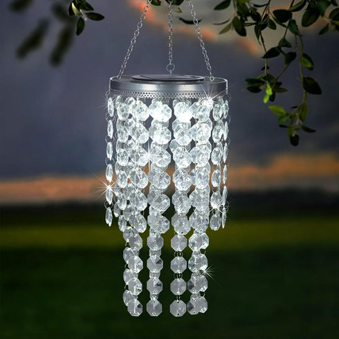 SUNNYPARK Hanging Solar Lantern Outdoor, 2 Tiers 21 Solar Transparent Acrylic Beaded Chandelier