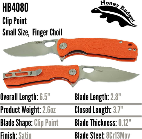 8Cr13MoV 2.80" Honey Badger Knives Small Clip Point Folding Pocket Knife - Steel, Blade, Orange FRN Handle - Ball